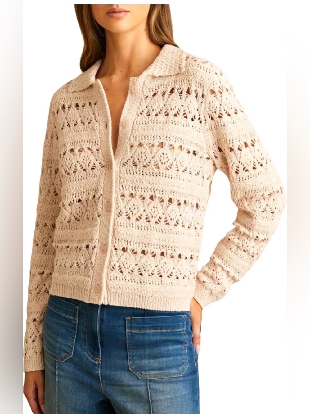 Reiss Cindy Crochet Cardigan Neutral Ivory size Medium